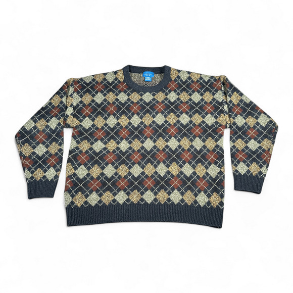 Vintage Towncraft Sweater Adult EXTRA LARGE Black Brown Argyle Knit Autumn 90s - Picture 1 of 8